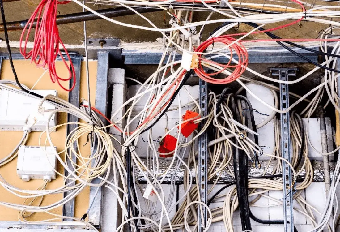 Messy cables to show the benefits of making the choice to implement an electrical rewire of your commercial space.